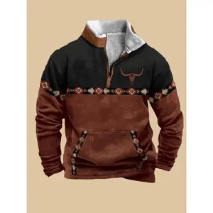 Men’s Western Fleece Hoodie – Aztec Fuzzy Pullover, Vintage Cowboy Style Half-Zip Sweater with Stand Collar & Pockets, Winter Streetwear