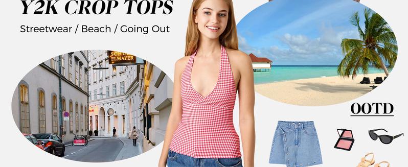 EMMIOL Women's Gingham Halter Top - Deep V Neck Sleeveless Open Back Crop Tank Top for Summer Y2K Coquette Fashion