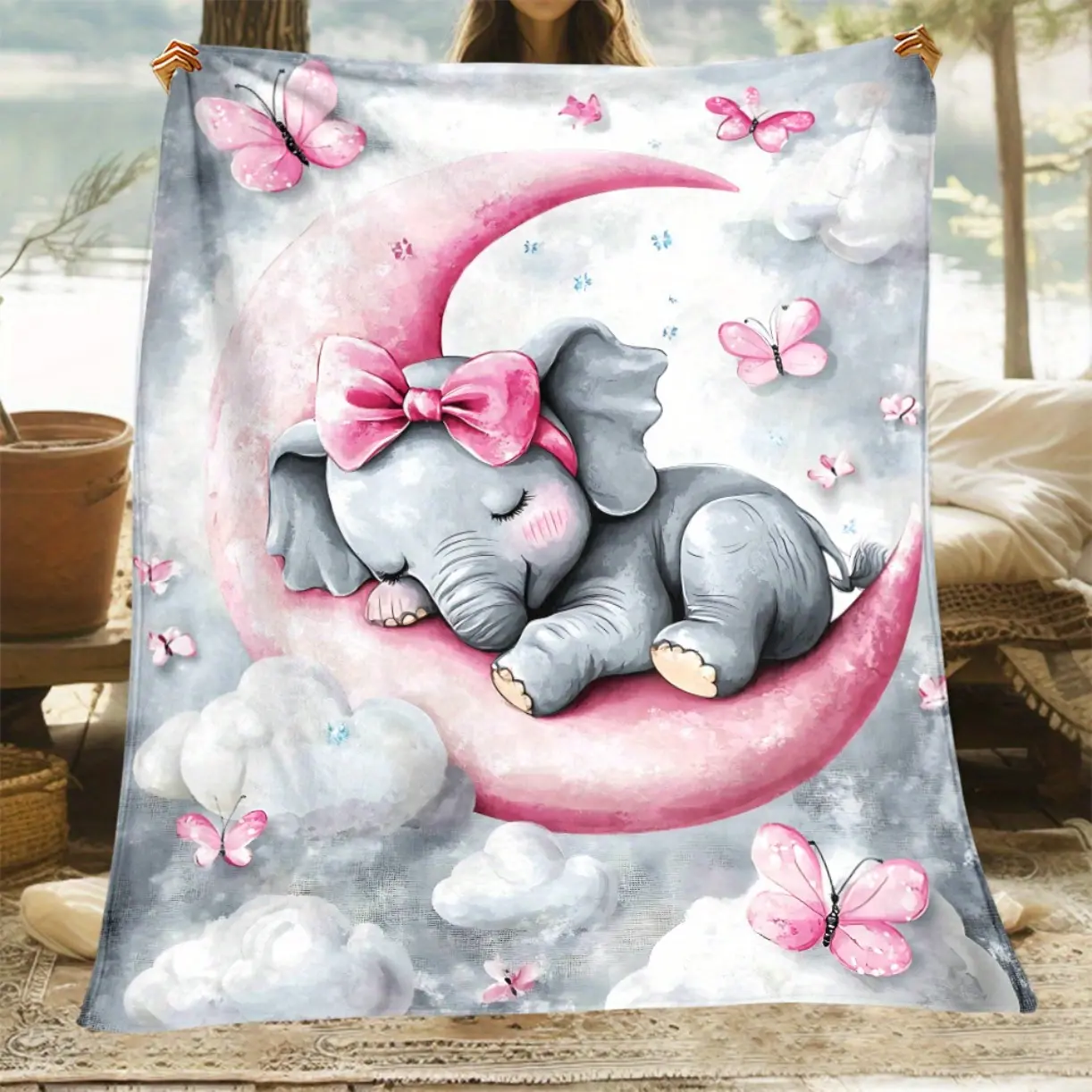 Cute Goodnight Elephant & Moon Print Flannel Throw Blanket - Lightweight Soft Warm All-Season Blanket for Sofa Bed Travel Camping,  Adorable Elephant & Butterflies Design  Christmas gift Dream Weave Home