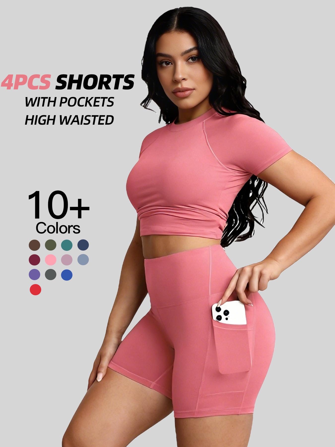 CHRLEISURE 4PCS Biker Shorts Women with Pockets High Waisted Workout Gym Running Yoga Shorts
