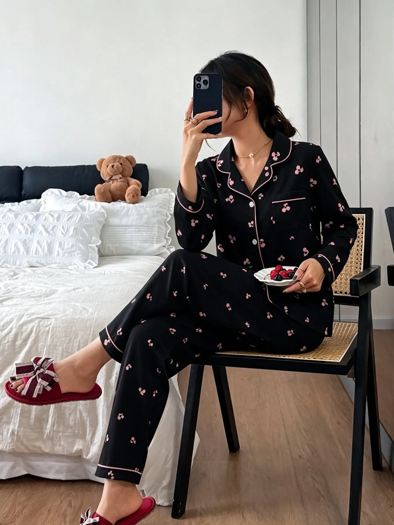 Cherry Print Women's Long Sleeve Matching Pajama Nightwear Set, Casual Comfy Pyjama, Casual Loose-Fitting Sleepwear Loungewear, Button Front Design, All Seasons Comfort