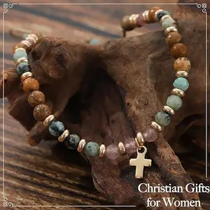 Christian Religious Cross Natural Stone Beaded Bracelet Adjustable Chain Inspirational Bracelet for Women Friend Prayer Communion Easter Catholic Jewelry Gifts