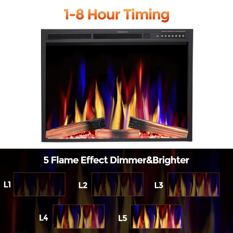 R.W.FLAME 36"&39'' Electric Fireplace Insert, Adjustable 5 Flame Colors, 12 Log Colors, 5 Flame Speeds and Brightness, Remote Control, Timer, Adjustable Temperature from 50°F to 99°F, 750W/1500W