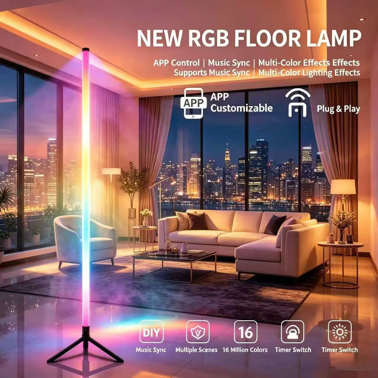 48-inch RGBIC corner floor lamp, compatible with the app and remote control, featuring music-synced LED ambient lighting, ideal for living rooms, bedrooms, movie nights, and game rooms.