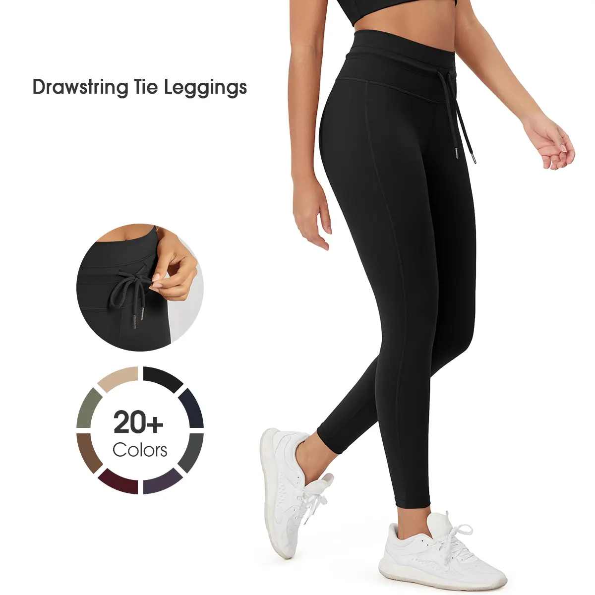 ODODOS Women's Fitted High Waist Drawstring Tie Leggings - 25"/28" Inseam, Soft 4-Way Stretch, Pet Hair Resistant, Daily Workout Yoga Bottoms