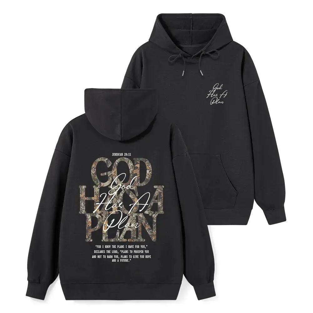 Country Faith Graphic Hoodie “For I Know The Plans I Have For You” Camouflage Scripture Oversized Pullover Hoodie Outdoor Christian Streetwear Hoodie Jeremiah 29:11 God Has A Plan Front Back Print Casual Hoodie