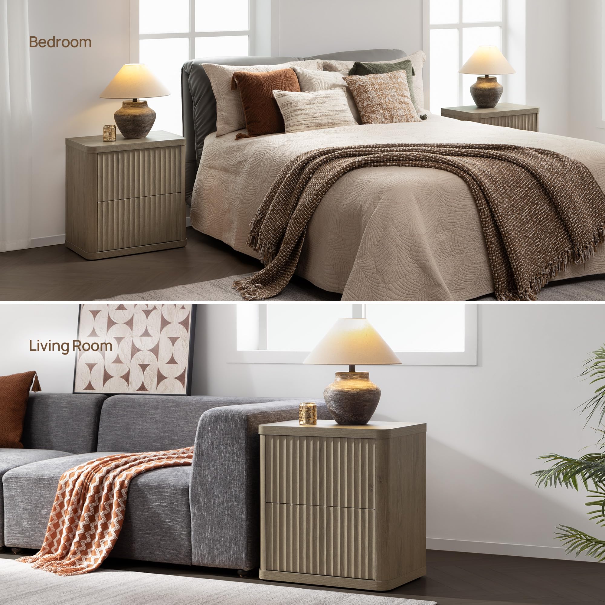 SICOTAS Set of 2 Nightstands, Fluted Modern Bedside Tables with 2 Large Handless Drawers - 22.75" Wide Small End Tables, Curved Edge Design for Bedroom & Living Room SICOTAS Set of 2 Nightstands, Fluted Modern Bedside Tables with 2 Large Handless Drawers - 22.75" Wide Small End Tables, Curved Edge Design for Bedroom & Living Room