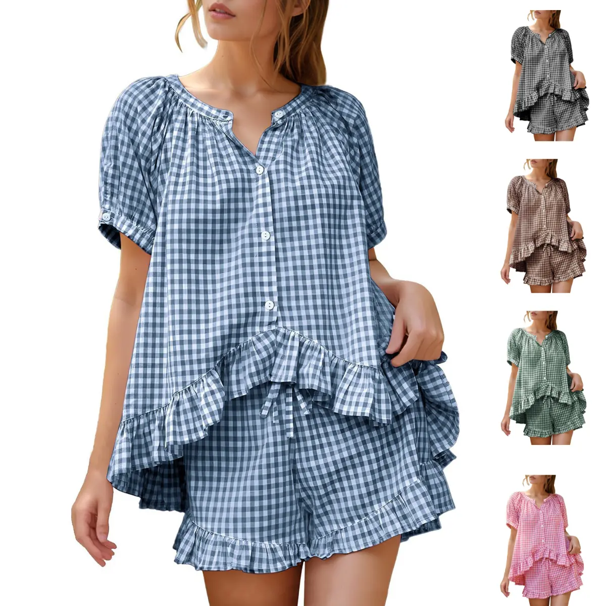 SCUSTY Womens Gingham Pajamas Set 2 Piece Cotton Pj Lounge Sets Vacation Casual Summer Babydoll Sleepwear Outfits