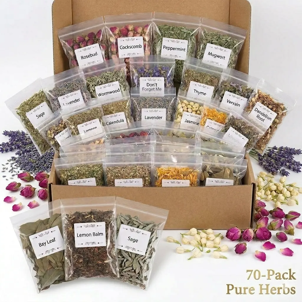 70-Pack Pure Natural Dried Herbal Blend Craft Kit - Labeled Botanical Pouches for Candle Making, Soap Making, Beginner Witches' Purity & Intention Practices (Large Pack DIY Supply)