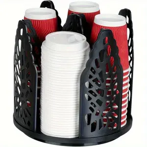 Rotating Paper Cup Holder with 4 Compartments Disposable Coffee Cup Dispenser Storage Box Detachable Plastic Cup Storage and Lid Holder for Countertops Kitchens Coffee Stations and Bathrooms