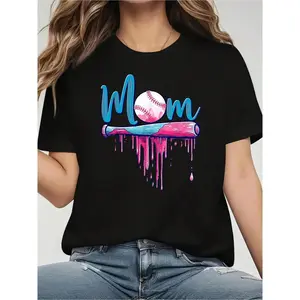 Cotton Short Sleeve Baseball Mom Graphic Tee with Pink Drip Design and Baseball Bat Casual Crew Neck for Sports Enthusiast Moms