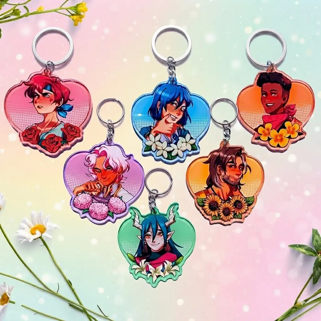 Floral Anime Boy Double-Sided Acrylic Keychain – Colorful Flower Frame 2D Clear Character Charm Keyring for Bags, Backpacks, Keys & Aesthetic Gifts