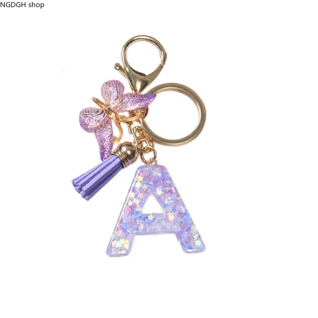 Women's Personalized Pu Leather Metal Resin Letter Keychain - A-Z Alphabet Form Charm with Purple Butterfly, Tassel, Sports & Outdoor Purse Accessory, Unique Gift, Letters, Tassel Charm, A-Z Initial, Fashion Keychain, Keychain For Bags