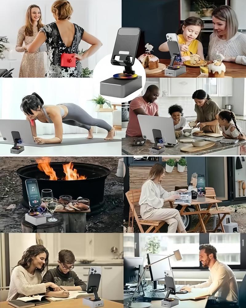 Wireless Audio Bluetooth Speaker 5in1 Phone Holder Emergency Rechargeable withColorful Ambient Light 300° Foldable for Tablet iPhone Android, Gifts for Men Women ，Black