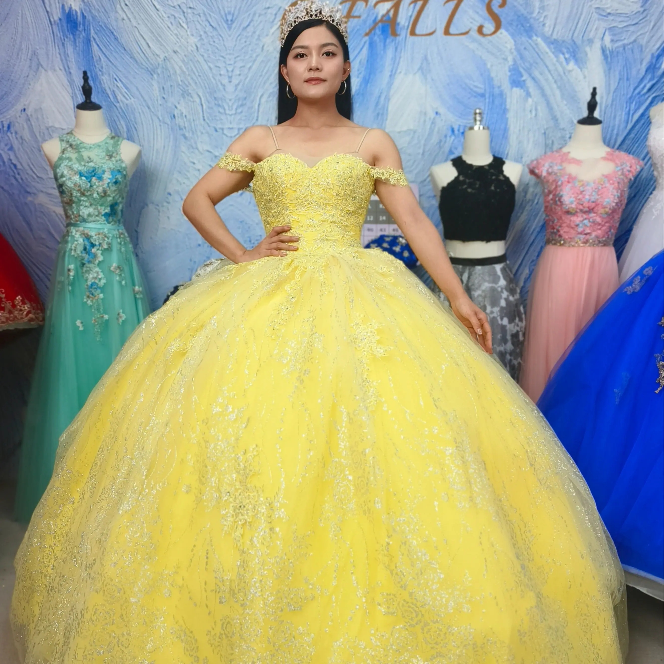 Women's No.19 Sleeveless Sparkle Tulle Princess Ballgown - Lady's Formal Clothes for Quinceanera, Wedding, Yellow, Red, Lilac, Light Blue, Blush, Party Fit, Size S, Glamorous Formal Dresses, Ball‑Gown Drama