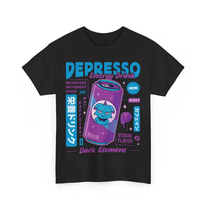 Palworld Depresso Energy Drink Graphic T-Shirt Funny Gamer Meme Retro Japanese Aesthetic Anime Tee Men Women Funny Caffeine Gamer Energy Drink Graphic Tee Retro Japanese Y2K Aesthetic Top Gamer Fan Gift