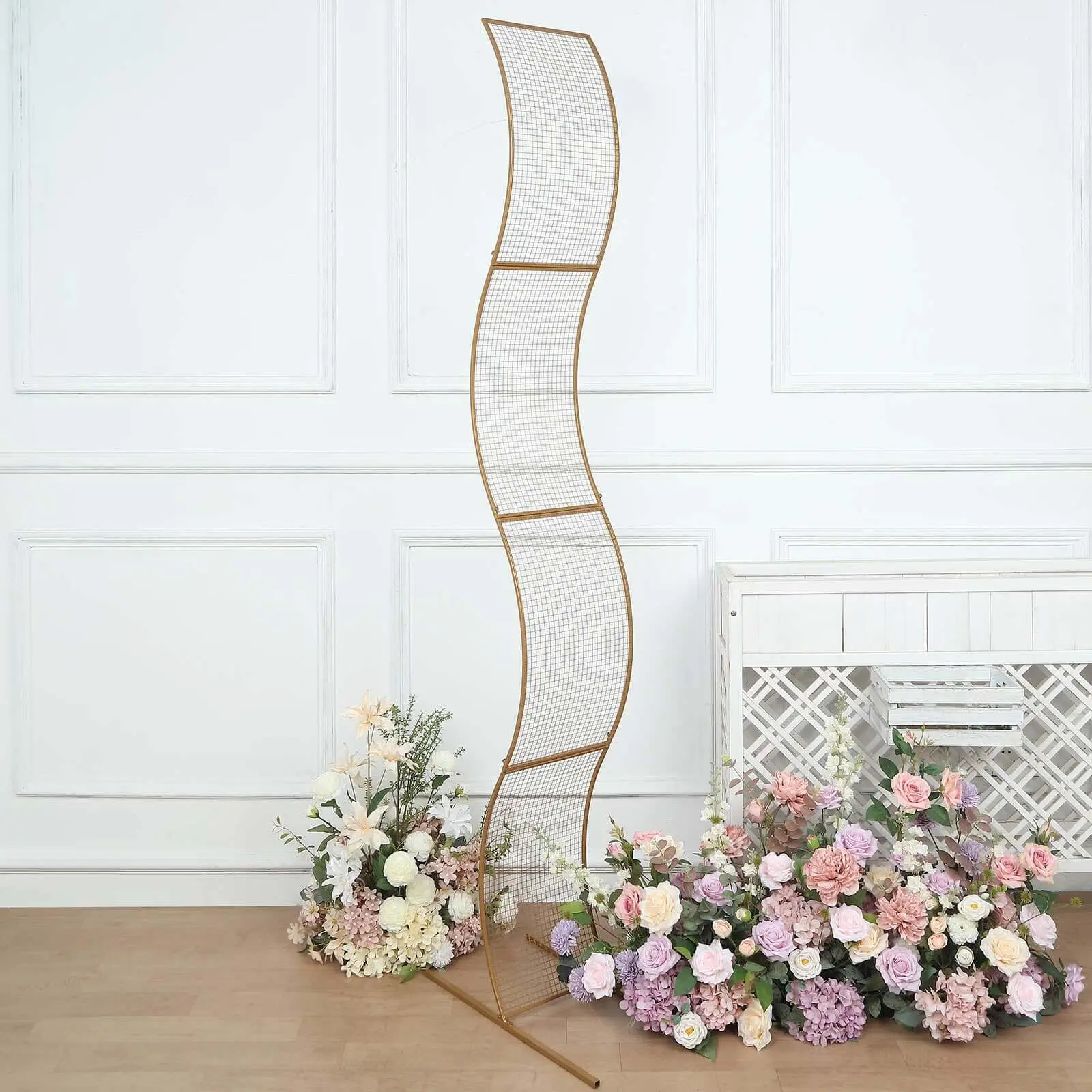 7ft Gold Metal Patterned Geometric Lattice Wavy S-Shaped Flower Frame - Wedding Arch Aisle Backdrop Stand for Occasion Decor, Indoor-Outdoor Photo & Birthday Party Supplies