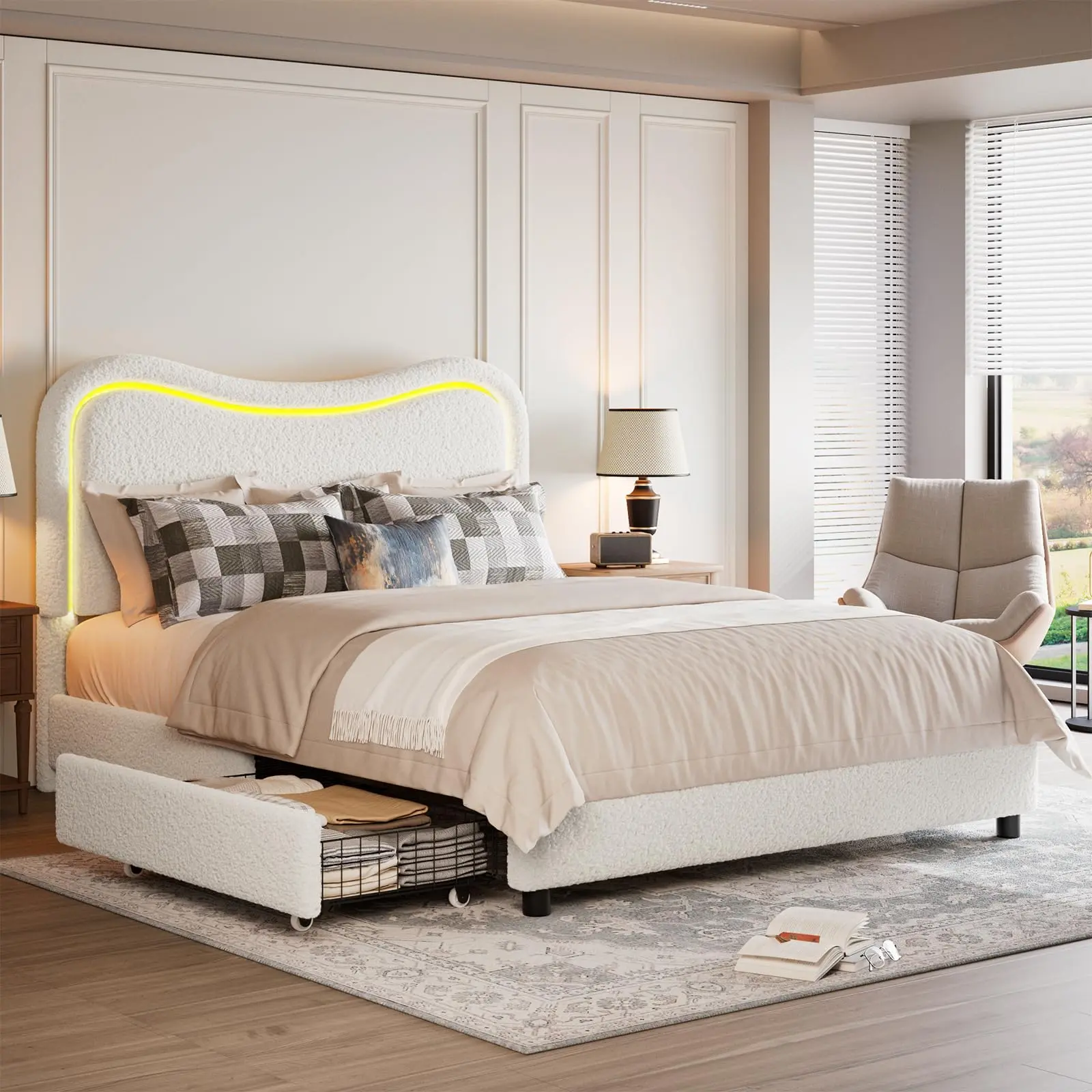 Garvee Queen Boucle Platform Bed Frame - Teddy Upholstered Home Decor Furniture, 2 Storage Drawers, LED Lights, Wood Slats Support, Noise-Free, No Box Spring Needed, White Apartment Furniture, Room Decor, Headboard For Bed,dorm essentials