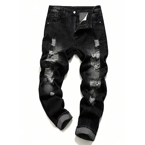 Men's Regular Fit Ripped Straight Leg Jeans, Casual Comfy Denim Pants for Daily Wear, Fashion Men's Bottoms for Summer