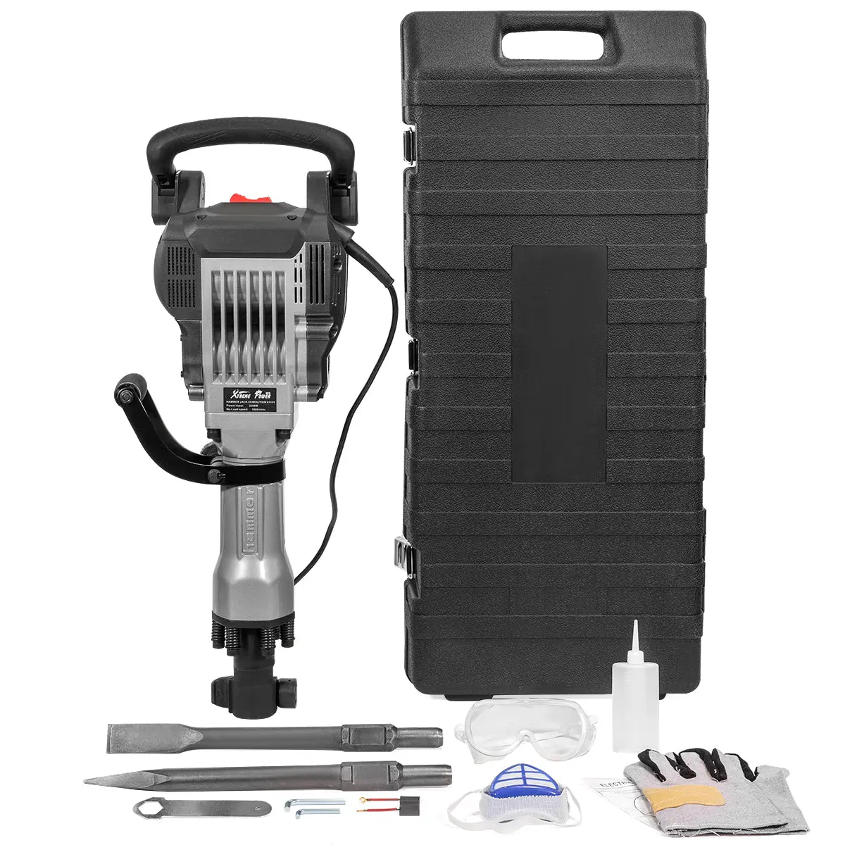 XtremepowerUS 3600W 110V/60Hz Electric Jack Hammer - High Impact Rate Portable Demolition Concrete Breaker for Home Renovations, Masonry, Includes 16in Bull Point Chisel, Oil Bottle, Gloves & Goggles (No Protective Mask/Additional Accessories), 16" Bull P
