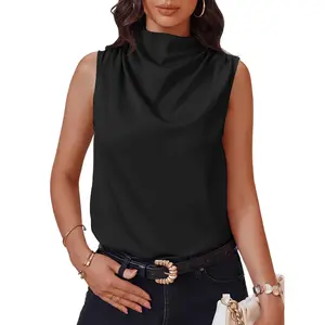 Cicy Bell Womens Mock Neck Satin Tank Tops Business Casual Work Ruched Blouses Summer Corporate Outfits