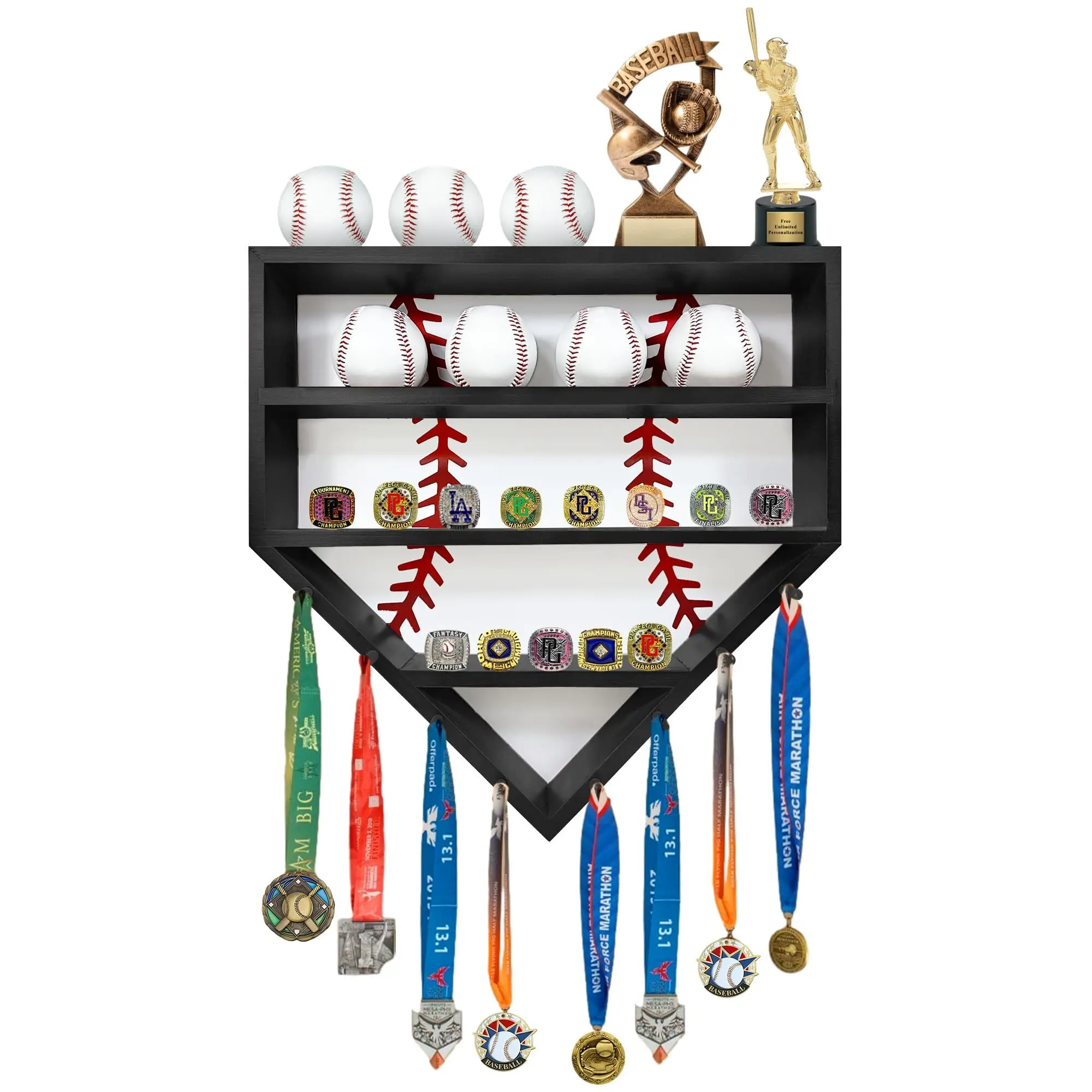 Montex Baseball Display Case Baseball Holder Display Case Wooden Baseball Ring Holder Wall Mount Baseball Display Cases for Balls Medals and Name Tags Black