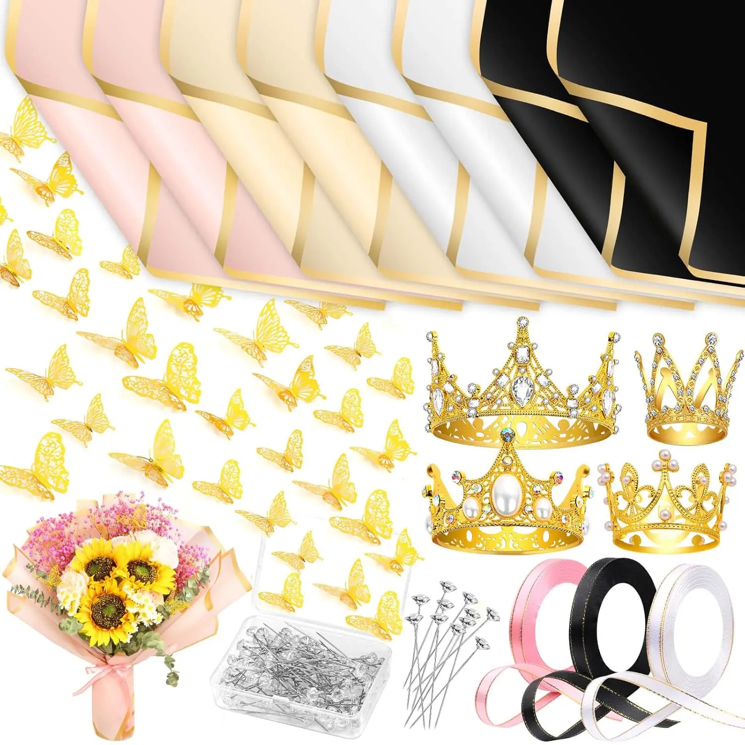 195PCS Flower Bouquet Accessories Supplies, 40 Flower Wrapping Paper, 4 Gold Crowns, 48 Butterfly Decorations, 100 Flower Pins and 3 Ribbons for Mother's Day Wedding Graduation