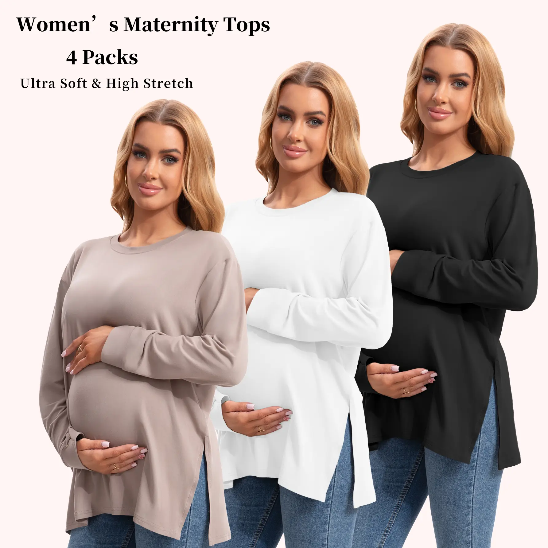 3 Pack Women's Maternity Long Sleeve T Shirts Crew Neck Maternity Top Long Sleeve Side Split Pregnancy Tops Casual Pregnant Tees Maternity Clothing backtoschool,clothes for back to school,first day of school outfits