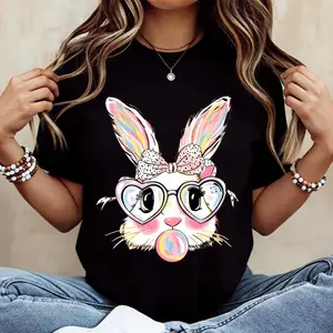 “Fun Easter Rabbit T - Shirt – Rainbow - Eyed Bunny, Polka - Dot Bow, Bubblegum, Perfect for Easter Parties & Daily Wear”