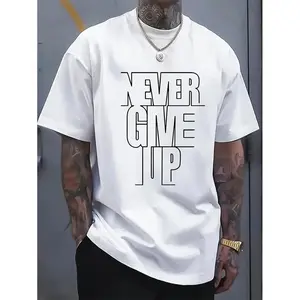 A Men'S Casual Cotton  With The Words "Never Give Up" Printed On It - Crew Neck, Slight Elasticity, Knitted Fabric, Regular Version, Summer Short-Sleeved  Suitable  Adults, Large Size Option Golf Gift   Men And Women. T-shirt for.....
