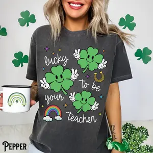 St Patrick's Day Teacher T-Shirt Comfort Colors, Lucky Teacher, Retro, Gift St. Patrick's Day, Teacher Gift, Cotton Round Neck Tee For Unisex, Full Sizes