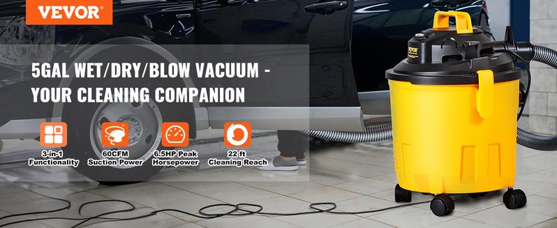 VEVOR Wet Dry Vac, 2.6 Gallon, 2.5 Peak HP, 3 in 1 Portable Shop Vacuum with Blowing Function, Attachments Storage, Perfect for Cleaning Floor, Upholstery, Gap, Car, Black/Yellow, ETL Listed