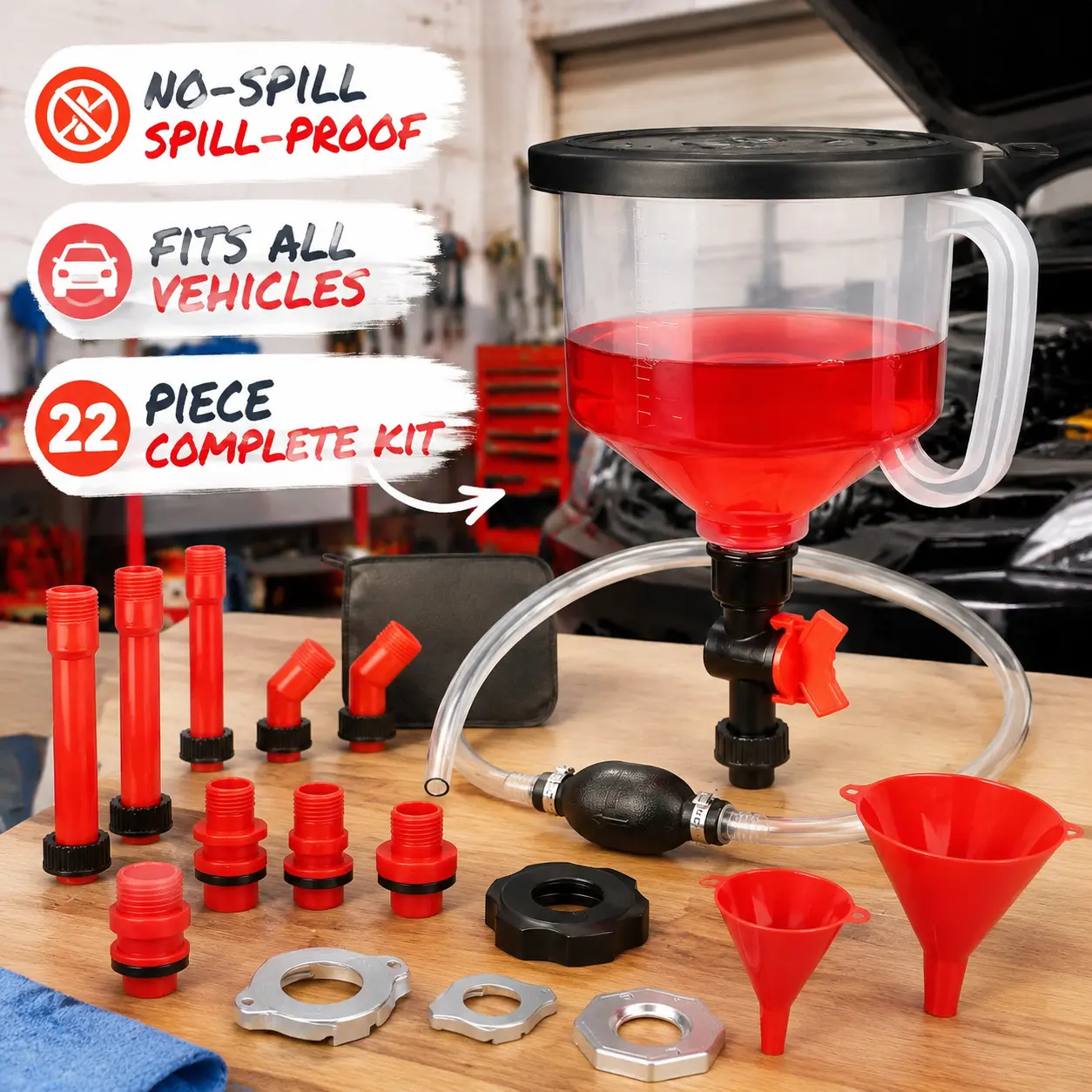22-Piece No-Spill Coolant Filling Funnel Kit and Siphon Hose Pump, Radiator Coolant Filling Spill-Proof Funnel Kit with Adapters, Extensions, PVC Hose, Engine Oil Funnels, Towel for Universal Vehicle