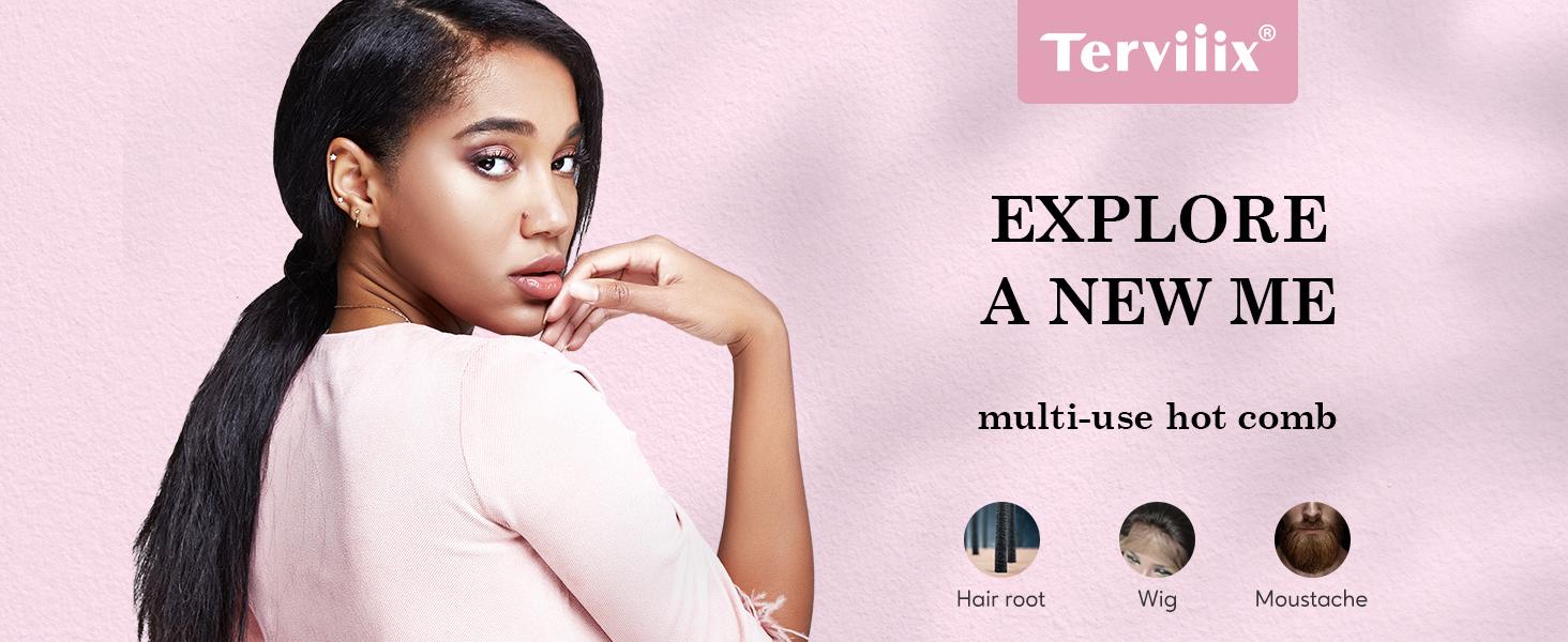 Terviiix Electric Hot Comb for Black Hair, Wigs & Beard, Anti-Scald Attachment, Straightener Comb with Keratin & Argan Oil Infused Teeth, Temperatures Adjustable, 60 Min Auto Shut Off