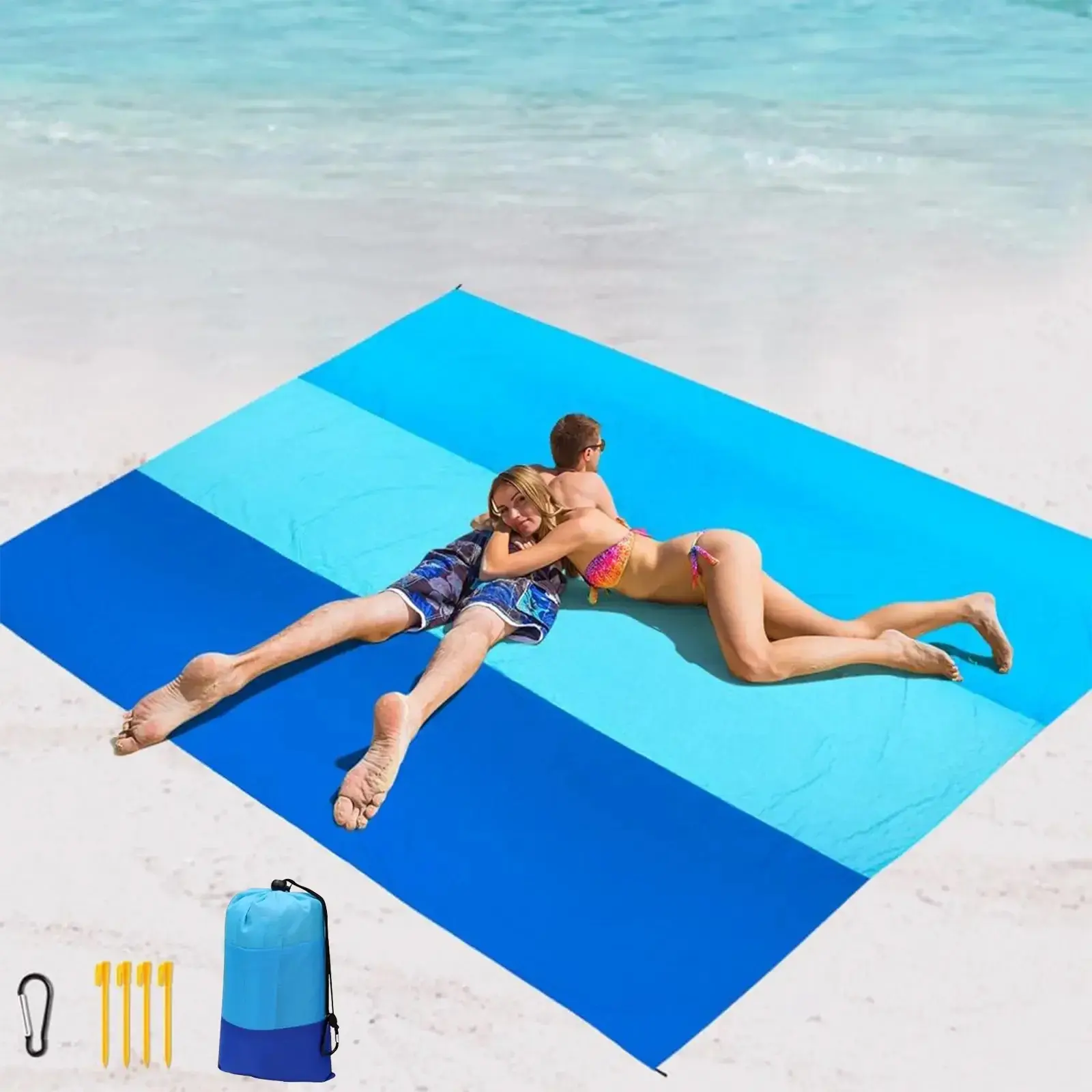 Extra Large Family-Sized Foldable Waterproof Sandproof Quick-Dry Beach Blanket (79"x83") with 4-Pocket Anchoring, Casual Picnic Mat for Beach, Camping Activities, Casual Picnic Blankets, Family-Sized Picnic Blankets