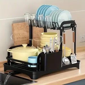 Large 2-tier oversink dish dryer rack sink shelf stainless steel dish drainer, countertop drainer drain board ,metal organizer counter,Kitchen cocina storage with drainboard , Utensil&Cup Holders,CuttingBoard grilling,dishwasher magnet space-saving