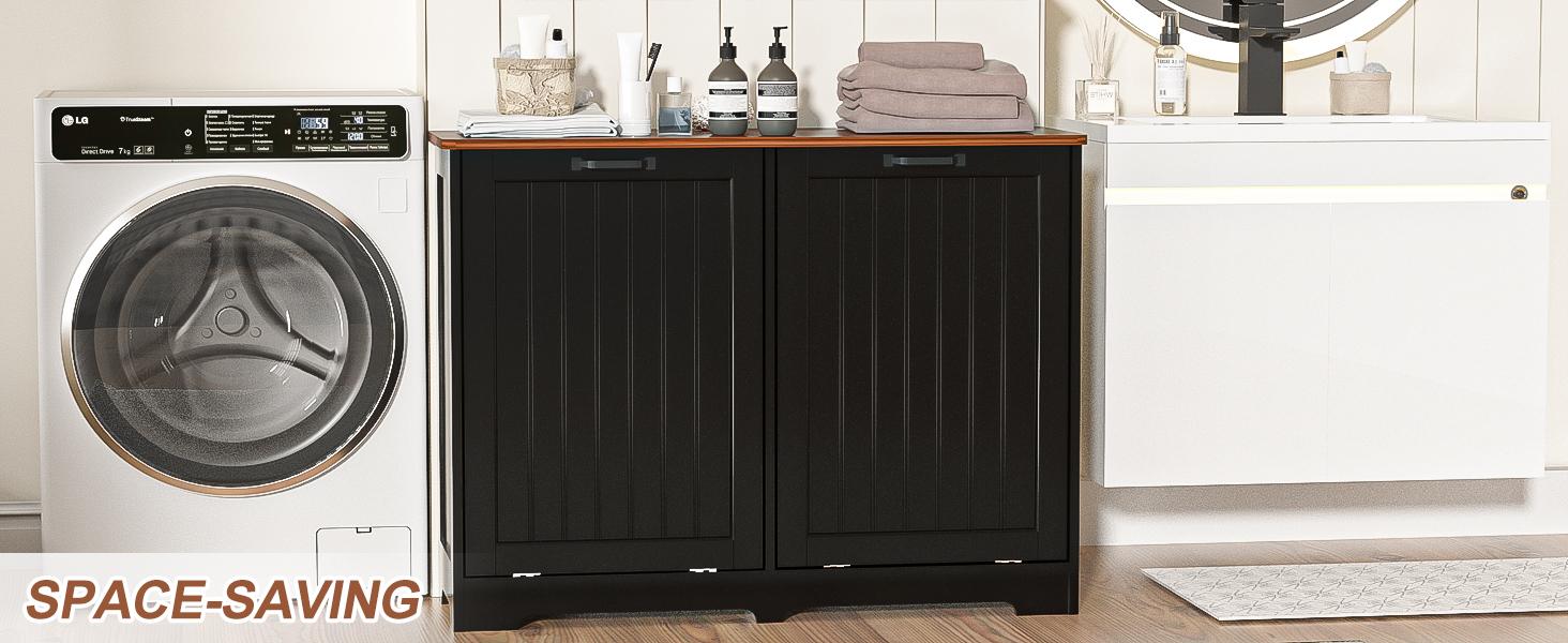 【Does Not Include Trash Can】AHB Hidden Storage Cabinet for 2 Trash & Recycle Bins | Space Saving Tilt Out Design | Pet Proof Wooden Cabinet for Kitchen, Laundry Room & Bathroom