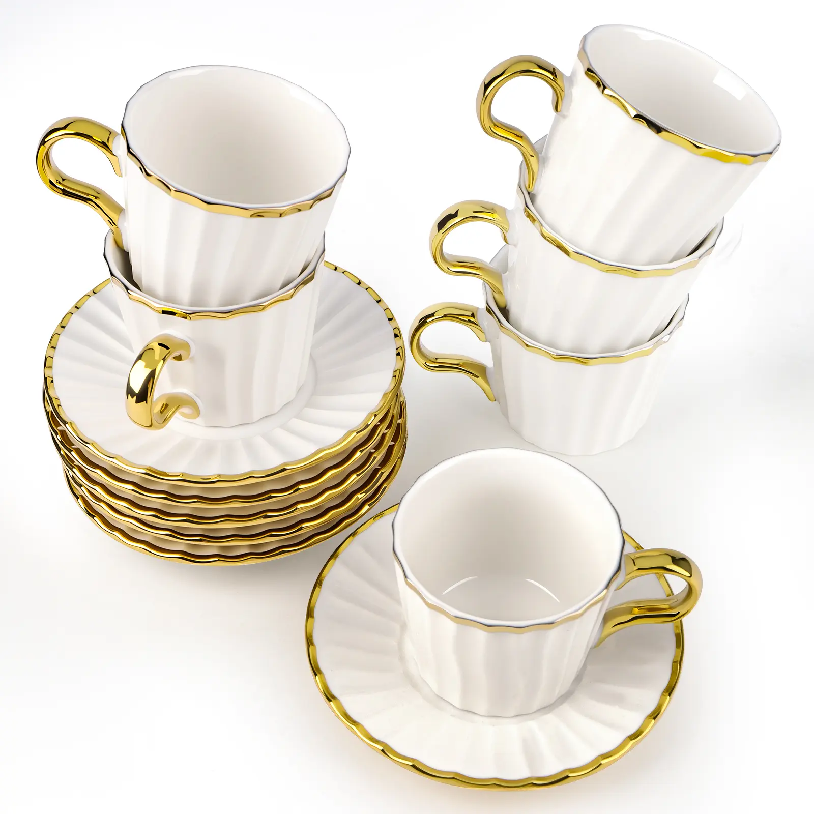 Gold-Rimmed Edges Ceramic 3.2oz Cup and Saucer Set of 6, Single Serve Coffee Drinkware, Thoughtful Gift for Loved Ones (Turkish Coffee, Cappuccino Use)