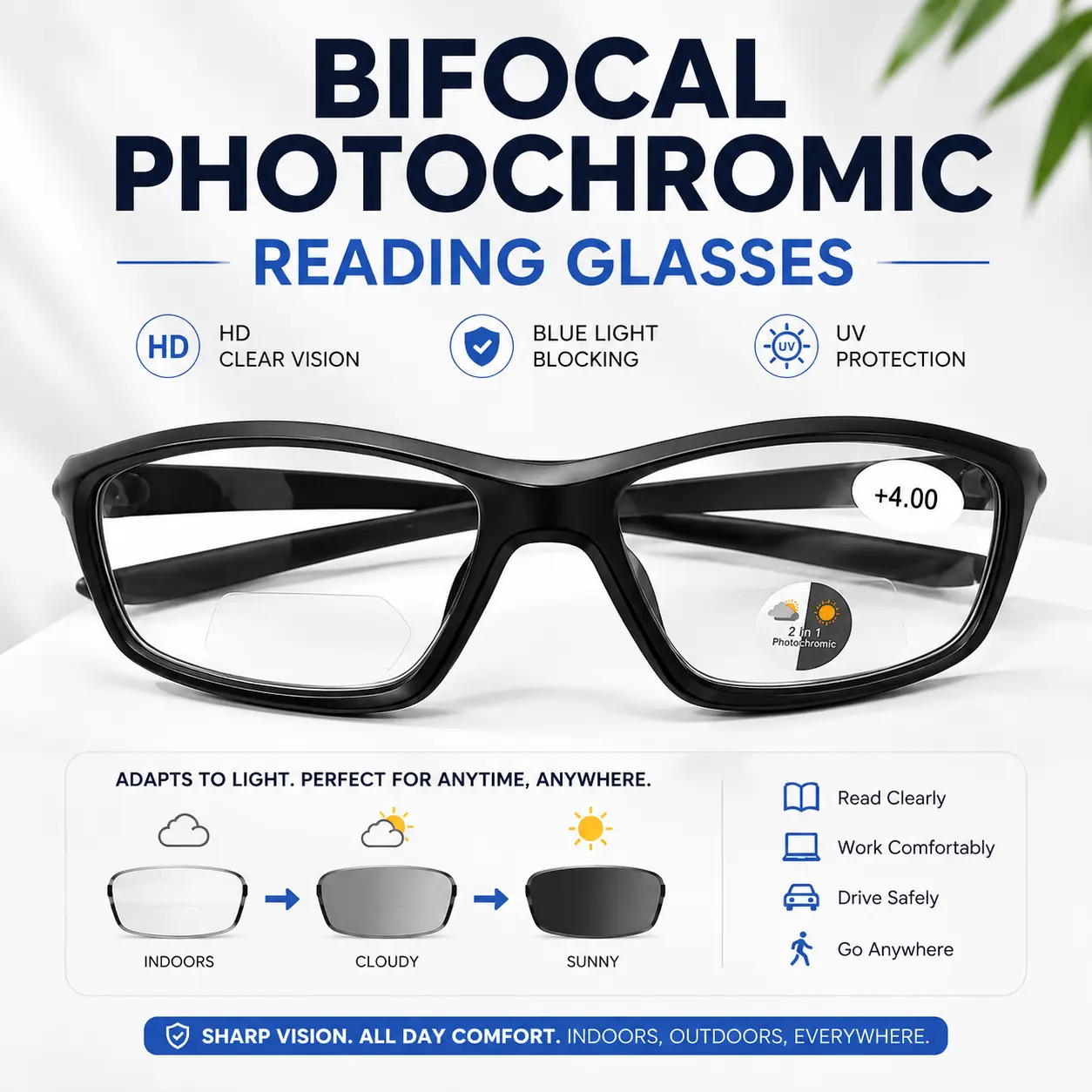 Bifocal Reading Glasses for Men & Women, Lightweight Dual-Zone Readers with Clear Lenses for Near Reading and Everyday Viewing, 2 Styles