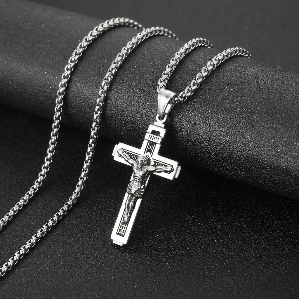 Crucifix Cross Necklace for Men and Women, Large Stainless Steel INRI Pendant with 24-Inch Chain, Christian Spiritual Jewelry Gift, Faith Pendant Necklace, Crucifix Necklaces