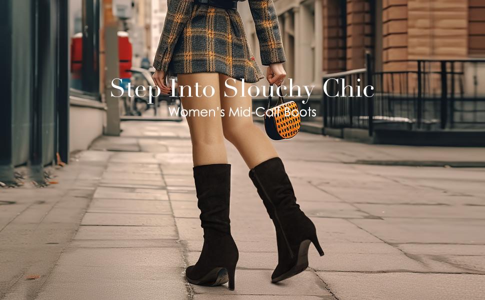 DREAM PAIRS Women's Mid Calf Slouchy Boots Pointed Toe Heeled Boots Zip Fashion Dressy Boot