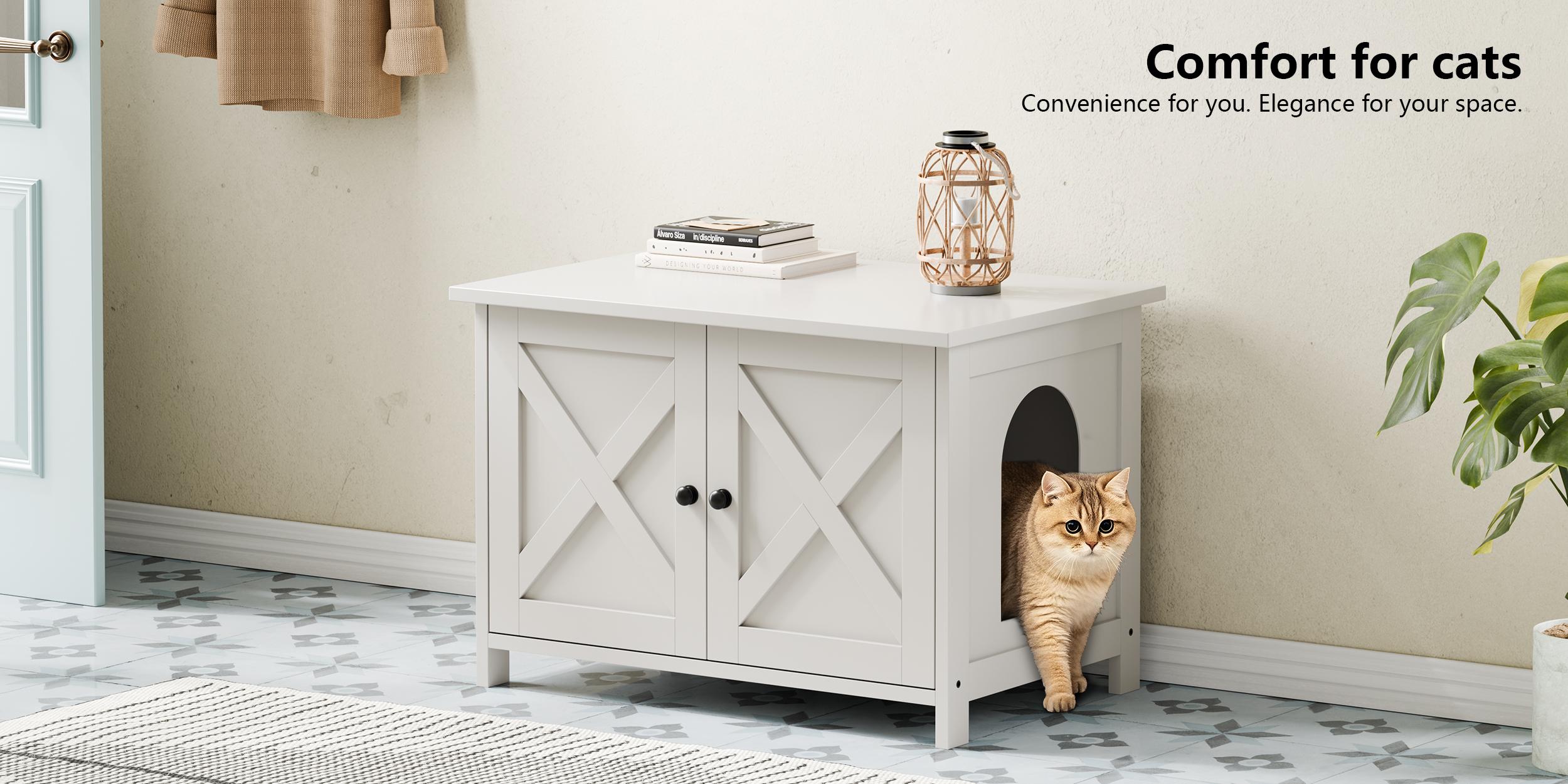 Walsunny Cat Litter Box Furniture with Removable Divider, Hidden Enclosure and End Table - White, Brown, Gray Wood