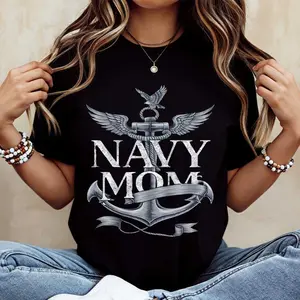 Navy Mom Anchor And Wings Print T Shirt White Casual Loose Fit Women's Top For Daily Wear And Mother Pride