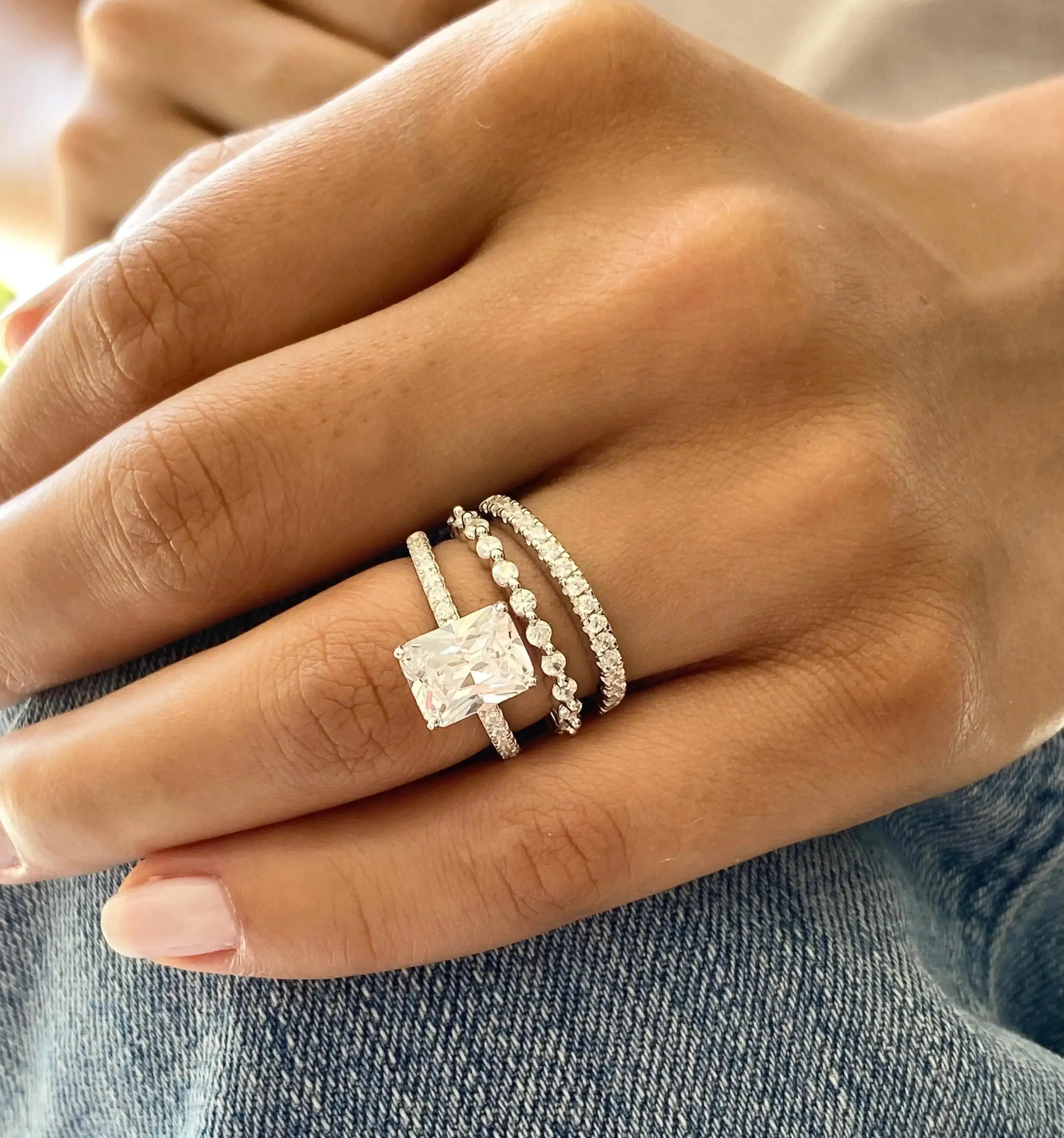 Women's 3-Piece Stackable Silver Radiant Cut Wedding Ring Set, Hypoallergenic Rectangular Cut Radiant Stone Square Crystal Engagement Rings, Bridal Promise Jewelry Gift, Wedding Rings