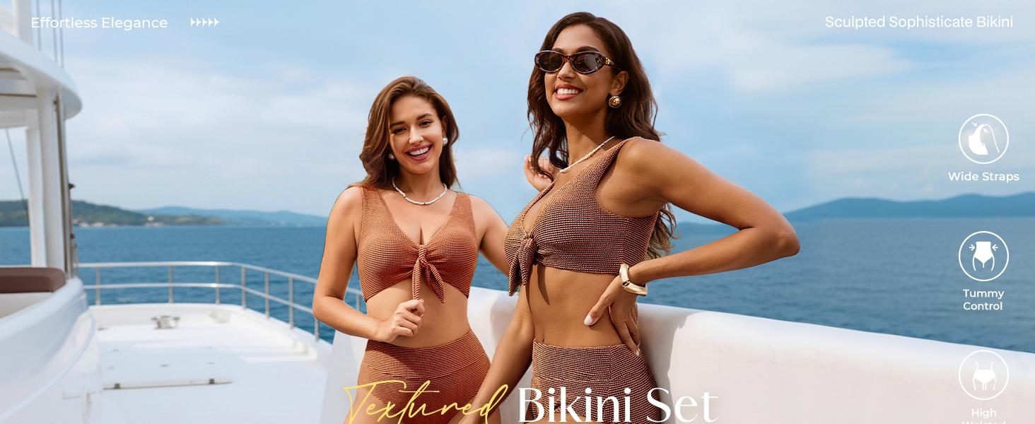 【S-2XL】Hanna Nikole Women's High Waisted Bikini Sets Two Piece Swimsuit with Tummy Control Textured Bathing Suits Tie Knot Swimwear for Beach Vacation SpringStatements