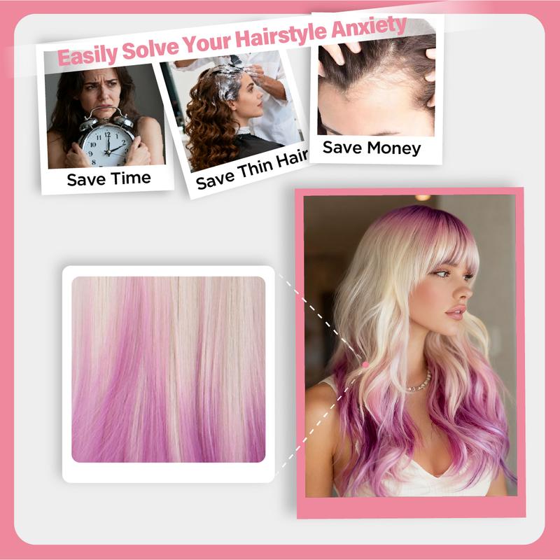 SMILCO/28Inch Pink/Orange Platinum Highlights with Bangs Long Synthetic Wig for Cosplay and Festivals/SM393