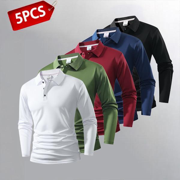 Men's 5 Pieces Pack Long Sleeve Polos Quick Dry Breathable Wrinkle Free Business Casual Turn Down Collar Tees in Multiple Colors