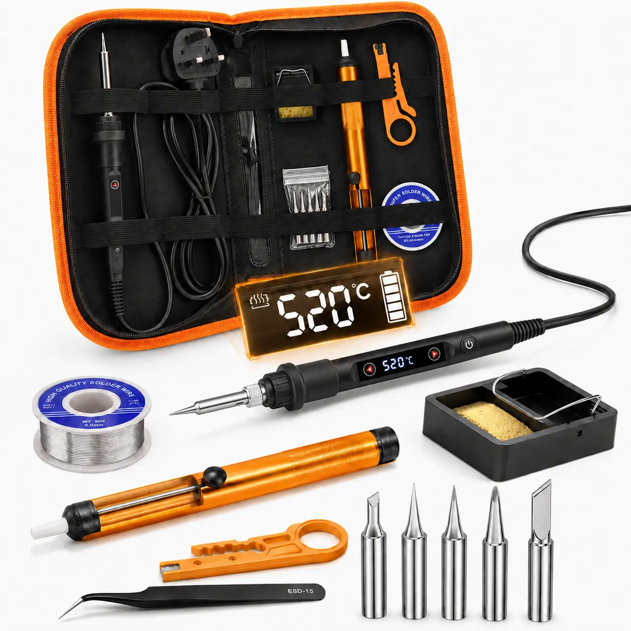Soldering Iron Kit 80W LED Soldering Gun Adjustable Temp 356-968℉ 15s Fast Heating Electronics Welding Tools Precision Repair with Solder Wire, 5 Soldering Tips, Desoldering Pump, Stand, Tweezers, Welders, Wire Stripper, 24-Months Quality Guarantee