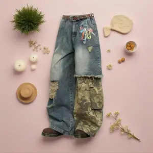 Street Vintage Jeans New Y2K Harajuku Wash Patchwork Camouflage Baggy Jeans Denim Pants Mens Womens High Waist Wide Trousers Blue Streetwear Menswear Pocket