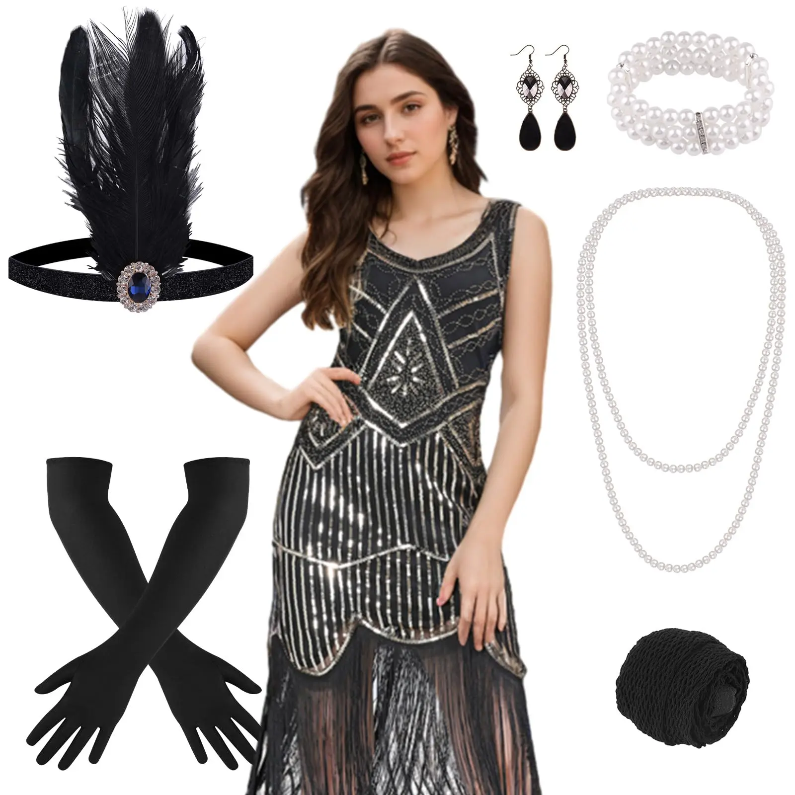 Women's 1920s Flappers Costume Chic V-Neck Sequin Beaded Fringed Midi Dress - Black, Fishnet, Zipper, Gold-Pearl Shine Accessories Set, Earrings, Headband, Necklace, Evening Tango Festive Party Gift, Gold Earrings Clothes Womenswear